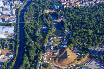 Aerial photograpy of Mount Klotz at The Festival in the Günther Klotz complex in the district Südweststadt in Karlsruhe in the state Baden-Wuerttemberg, Germany