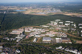 Oblique view of District Oberreut in Karlsruhe in the state Baden-Wuerttemberg, Germany