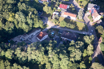 Oblique view of Hohenwettersbacherstraße 38 , "open youth workshop Karlsruhe" at the quarry in the district Grünwettersbach in Karlsruhe in the state Baden-Wuerttemberg, Germany