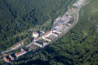 Industrial area in the Albtal spinning mill in Ettlingen in the state Baden-Wuerttemberg, Germany from above