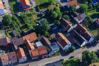 Long Street in the district Schluttenbach in Ettlingen in the state Baden-Wuerttemberg, Germany from the plane