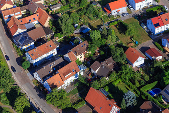 Long Street in the district Schluttenbach in Ettlingen in the state Baden-Wuerttemberg, Germany seen from a drone