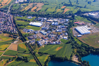 Aerial view of Industrial area Industriestraße from the south with OFTEC Oberflächentechnik GmbH & Co. KG and Faurecia Interieur Systeme GmbH in Hagenbach in the state Rhineland-Palatinate, Germany