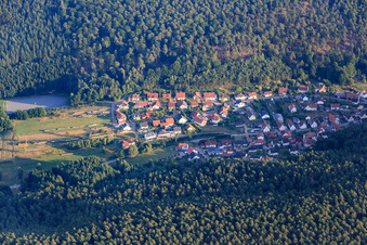 Village view in the valley of the Palatinate Forest from the north in Spirkelbach in the state Rhineland-Palatinate, Germany