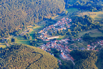 Aerial view of Village view in the valley of the Palatinate Forest from the north in Spirkelbach in the state Rhineland-Palatinate, Germany