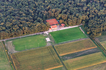 Sports fields of TSV 1908 Freckenfeld and barbecue hut from the west in Freckenfeld in the state Rhineland-Palatinate, Germany