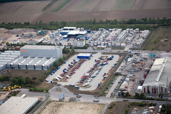 Oblique view of Industrial area Im Langgewan, forwarding company Kube & Kubenz in Worms in the state Rhineland-Palatinate, Germany