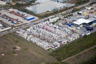 Industrial area Im Langgewan, forwarding company Kube & Kubenz in Worms in the state Rhineland-Palatinate, Germany from the drone perspective