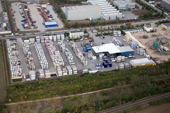 Aerial view of Industrial area Im Langgewan, forwarding company Kube & Kubenz in Worms in the state Rhineland-Palatinate, Germany