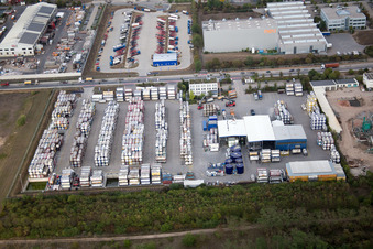 Aerial photograpy of Industrial area Im Langgewan, forwarding company Kube & Kubenz in Worms in the state Rhineland-Palatinate, Germany