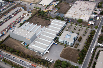 Industrial area North on the Rhine in Worms in the state Rhineland-Palatinate, Germany seen from above