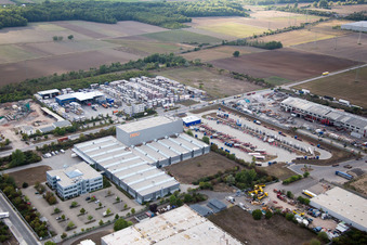 Industrial area Im Langgewan, forwarding company Kube & Kubenz in Worms in the state Rhineland-Palatinate, Germany from the plane