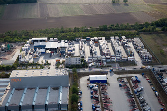 Drone image of Industrial area Im Langgewan, forwarding company Kube & Kubenz in Worms in the state Rhineland-Palatinate, Germany