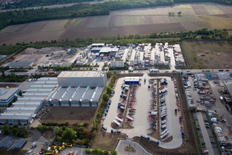 Industrial area Im Langgewan, forwarding company Kube & Kubenz in Worms in the state Rhineland-Palatinate, Germany from the drone perspective