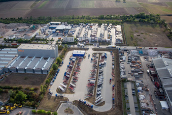 Aerial photograpy of Warehouses and forwarding building Kube & Kubenz in Worms in the state Rhineland-Palatinate, Germany