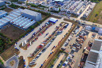 Aerial view of Industrial area Im Langgewan, forwarding company Kube & Kubenz and Hempt GmbH in Worms in the state Rhineland-Palatinate, Germany