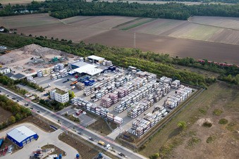 Aerial view of Industrial area Im Langgewan, forwarding company Kube & Kubenz in Worms in the state Rhineland-Palatinate, Germany