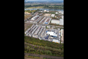 Warehouses and forwarding building Kube & Kubenz in Worms in the state Rhineland-Palatinate, Germany from above