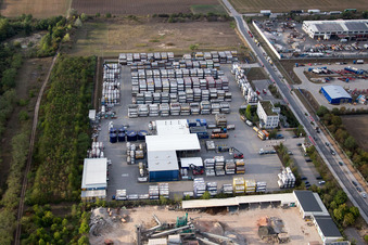 Oblique view of Industrial area Im Langgewan, forwarding company Kube & Kubenz in Worms in the state Rhineland-Palatinate, Germany