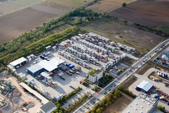 Warehouses and forwarding building Kube & Kubenz in Worms in the state Rhineland-Palatinate, Germany seen from above