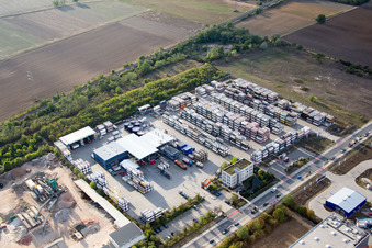 Industrial area Im Langgewan, forwarding company Kube & Kubenz in Worms in the state Rhineland-Palatinate, Germany seen from above