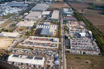Drone recording of Industrial area Im Langgewan, forwarding company Kube & Kubenz in Worms in the state Rhineland-Palatinate, Germany
