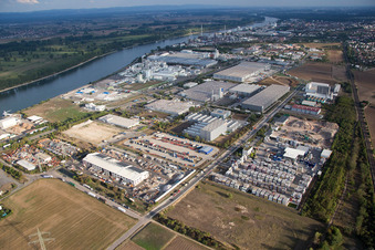 Drone image of Industrial area Im Langgewan, forwarding company Kube & Kubenz in Worms in the state Rhineland-Palatinate, Germany