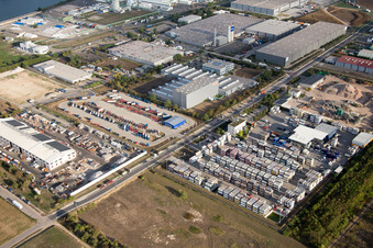 Industrial area Im Langgewan, forwarding company Kube & Kubenz in Worms in the state Rhineland-Palatinate, Germany seen from a drone