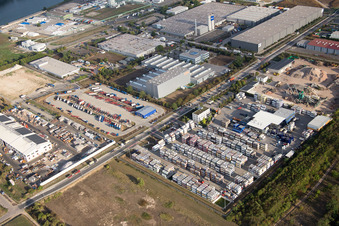 Aerial view of Industrial area Im Langgewan, forwarding company Kube & Kubenz in Worms in the state Rhineland-Palatinate, Germany