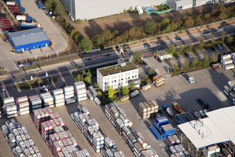 Aerial photograpy of Industrial area Im Langgewan, forwarding company Kube & Kubenz in Worms in the state Rhineland-Palatinate, Germany