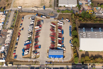 Aerial view of Distribution center on the site of Spedition Kube & Kubenz in teh industrial district Im Langgewann in Worms in the state Rhineland-Palatinate, Germany