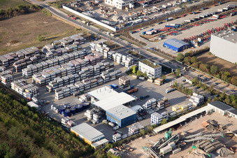 Bird's eye view of Industrial area Im Langgewan, forwarding company Kube & Kubenz in Worms in the state Rhineland-Palatinate, Germany
