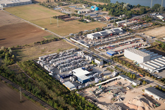 Drone recording of Industrial area Im Langgewan, forwarding company Kube & Kubenz in Worms in the state Rhineland-Palatinate, Germany