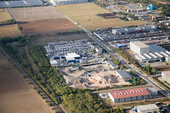 Industrial area Im Langgewan, forwarding company Kube & Kubenz in Worms in the state Rhineland-Palatinate, Germany from the drone perspective
