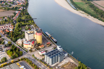 High silo and grain storage with adjacent storage Proland Agrarhandel GmbH on the banks of the Rhine in the district Rheinduerkheim in Worms in the state Rhineland-Palatinate, Germany