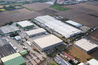 Aerial view of Industrial area North on the Rhine in the district Rheindürkheim in Worms in the state Rhineland-Palatinate, Germany
