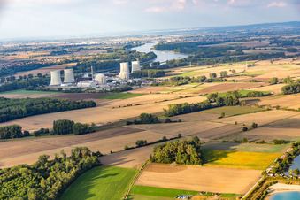 Aerial photograpy of Building remains of the reactor units and facilities of the NPP nuclear power plant in Biblis in the state Hesse