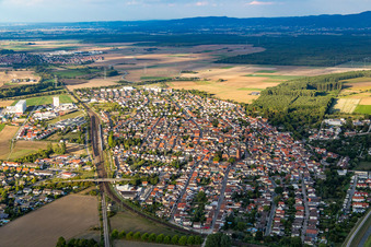 Aerial photograpy of Town View of the streets and houses of the residential areas in Biblis in the state Hesse