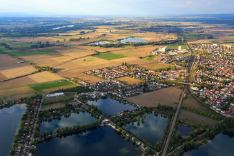 Leisure center at the lake landscape with Riedsee, Lake Wadowski and Charlysee in Biblis in the state Hesse, Germany