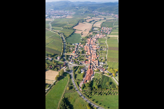 Aerial view of Village - view on the edge of agricultural fields and farmland in Niederhorbach in the state Rhineland-Palatinate, Germany