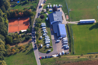 Aerial view of Motorhomes at the Dierbachhalle in Dierbach in the state Rhineland-Palatinate, Germany