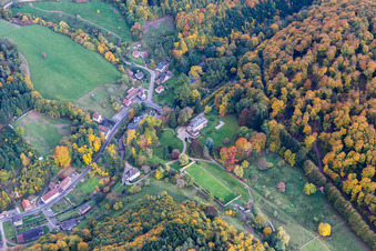 Aerial photograpy of Complex of the hotel building Domaine Jaegerthal in a green valley in the district Jaegerthal in Windstein in Grand Est, France
