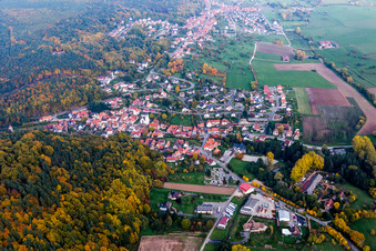 Aerial view of Village - view on the edge of agricultural fields and farmland in Rothbach in Grand Est, France