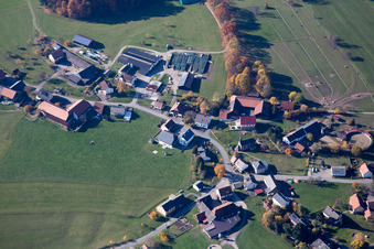 Aerial view of Village - view on the edge of agricultural fields and farmland in Breitenbuch in the state Bavaria