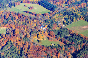Aerial view of Eulbach Hunting Lodge and Eulbach Forester's House at the English Garden Eulbach in the district Würzberg in Michelstadt in the state Hesse, Germany