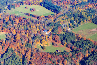 Aerial photograpy of Eulbach Hunting Lodge and Eulbach Forester's House at the English Garden Eulbach in the district Würzberg in Michelstadt in the state Hesse, Germany