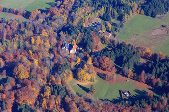 Oblique view of Eulbach Hunting Lodge and Eulbach Forester's House at the English Garden Eulbach in the district Würzberg in Michelstadt in the state Hesse, Germany