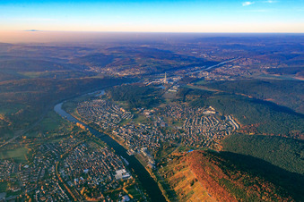 Aerial view of City view on the Main from the south in Erlenbach am Main in the state Bavaria, Germany