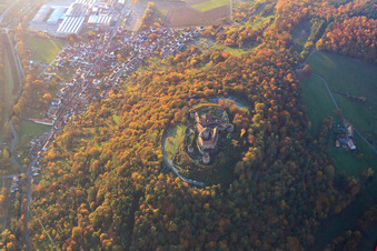 Aerial photograpy of Castle Breuberg in autumn leaves in the district Neustadt in Breuberg in the state Hesse, Germany