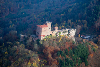 Trifels Castle in Annweiler am Trifels in the state Rhineland-Palatinate, Germany from above